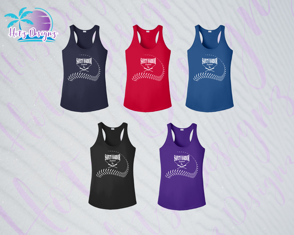 SHLL SFTBL Laces Ladies Dri Fit Racerback Tank (Navy, Red, Royal, Black, Purple)