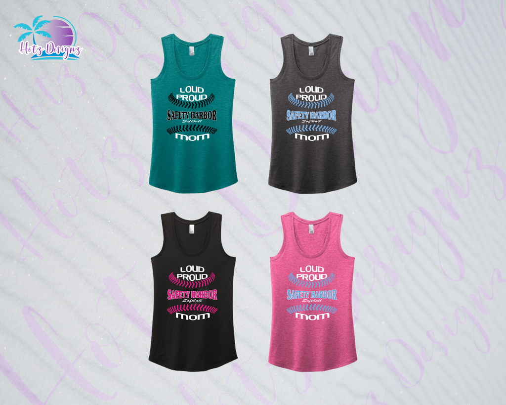 SHLL SFTBL Loud Proud Mom Ladies Tri-Blend Racerback Tank (6 Color Options)